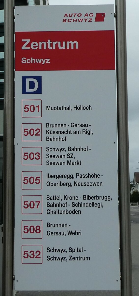 (229'619) - AUTO AG SCHWYZ-Haltestellenschild - Schwyz, Zentrum - am 22. Oktober 2021