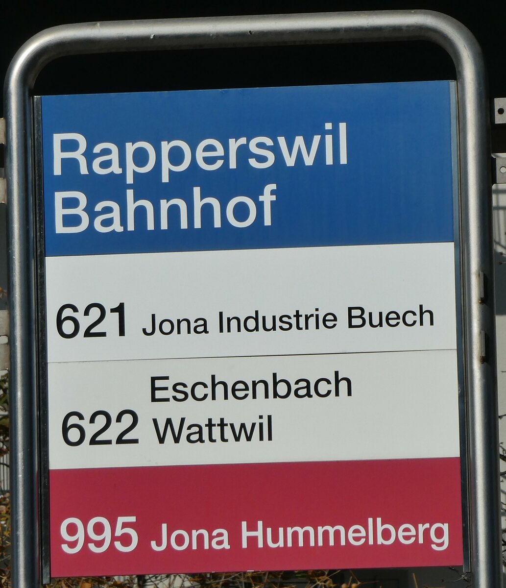 (229'786) - ZVV/RJ-Haltestellenschild - Rapperswil, Bahnhof - am 23. Oktober 2021