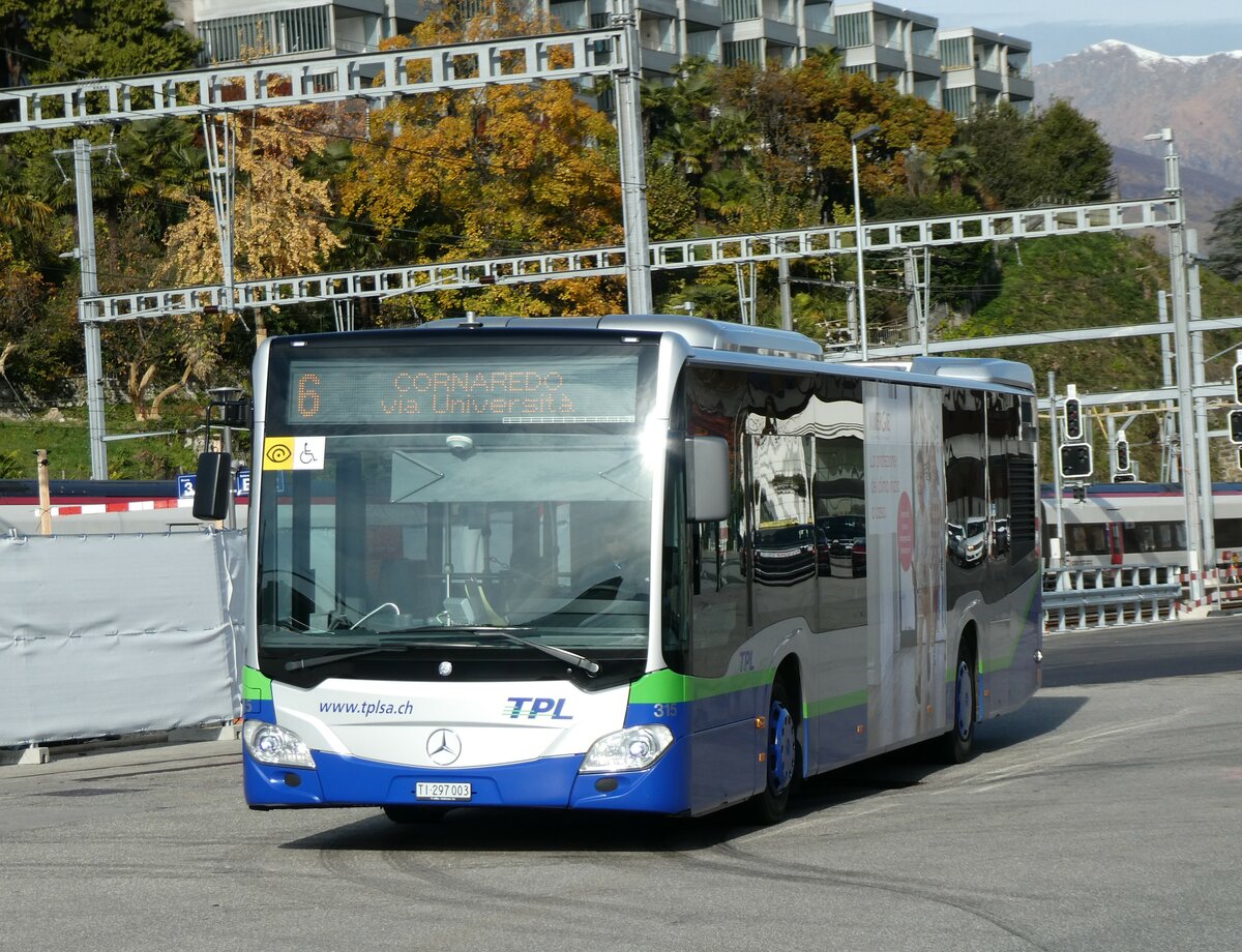 (230'318) - TPL Lugano - Nr. 315/TI 297'003 - Mercedes am 10. November 2021 beim Bahnhof Lugano