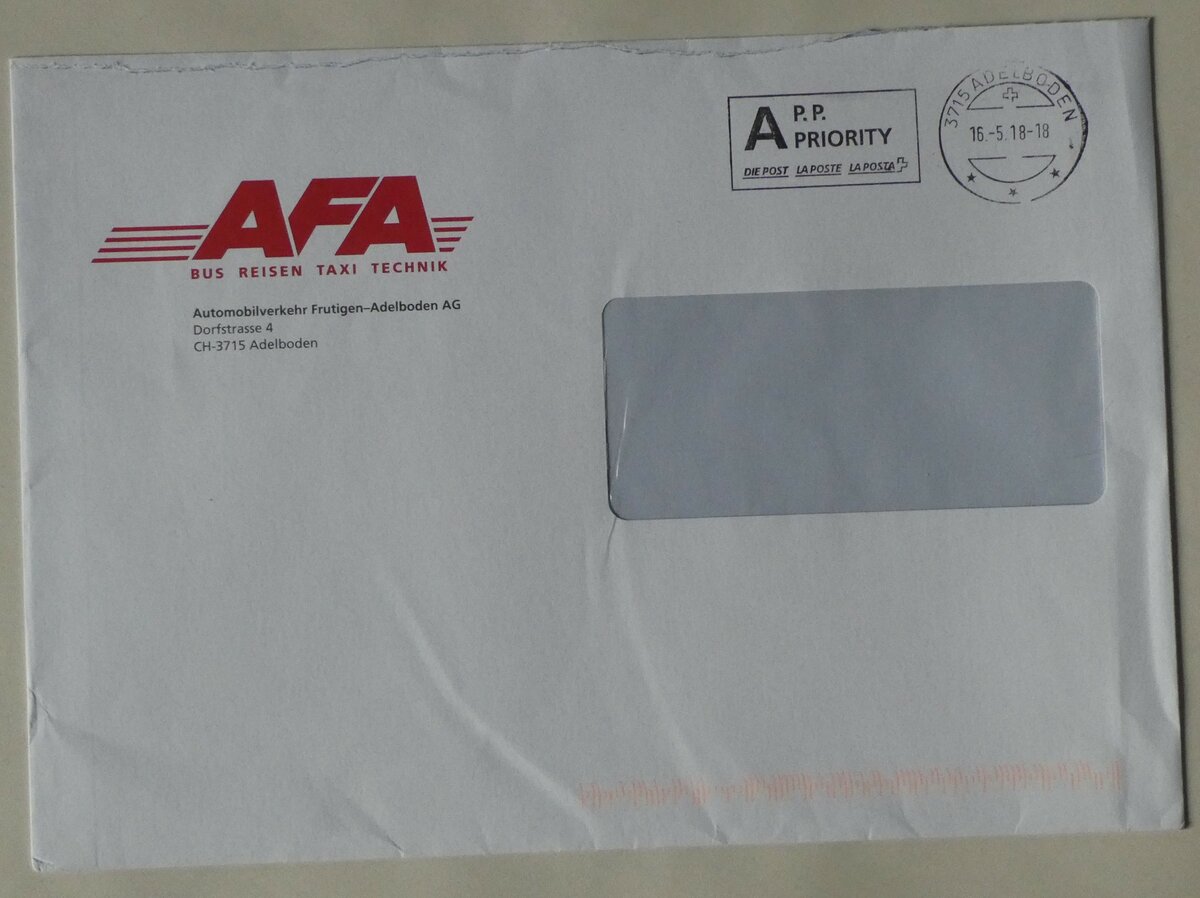 (232'055) - AFA-Briefumschlag vom 16. Mai 2018 am 17. Januar 2022 in Thun