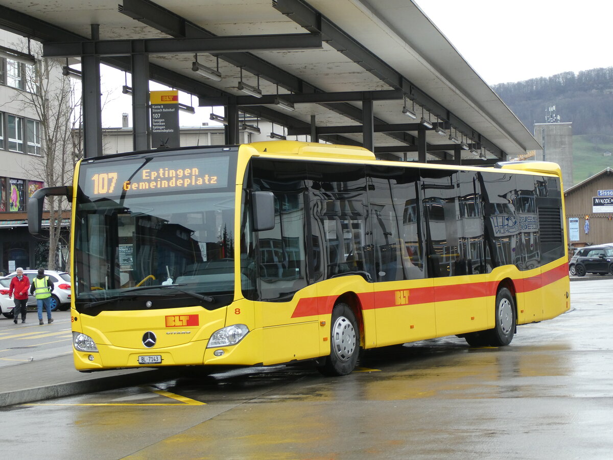(232'926) - BLT Oberwil - Nr. 8/BL 7143 - Mercedes am 14. Februar 2022 beim Bahnhof Sissach