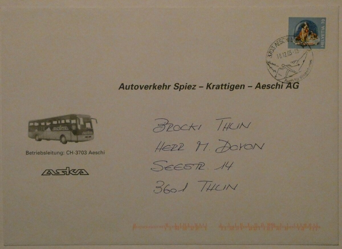 (233'067) - ASKA-Briefumschlag vom 18. Dezember 2003 am 22. Februar 2022 in Thun