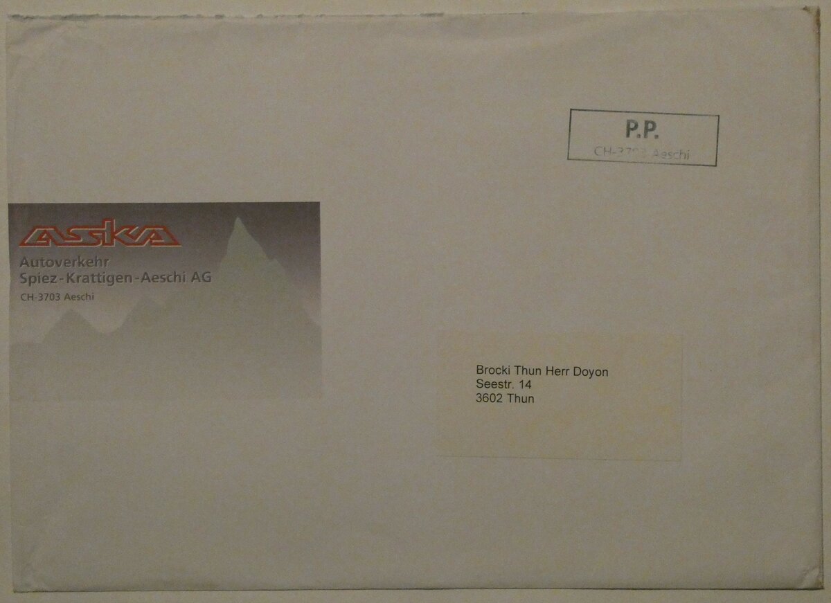 (233'069) - ASKA-Briefumschlag vom 17. Dezember 2008 am 22. Februar 2022 in Thun