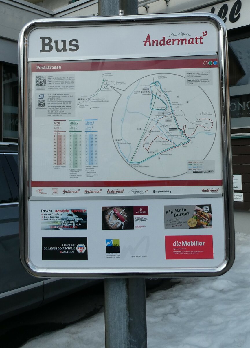 (233'816) - Bus Andermatt-Fahrplan am 11. Mrz 2022 in Andermatt, Poststrasse