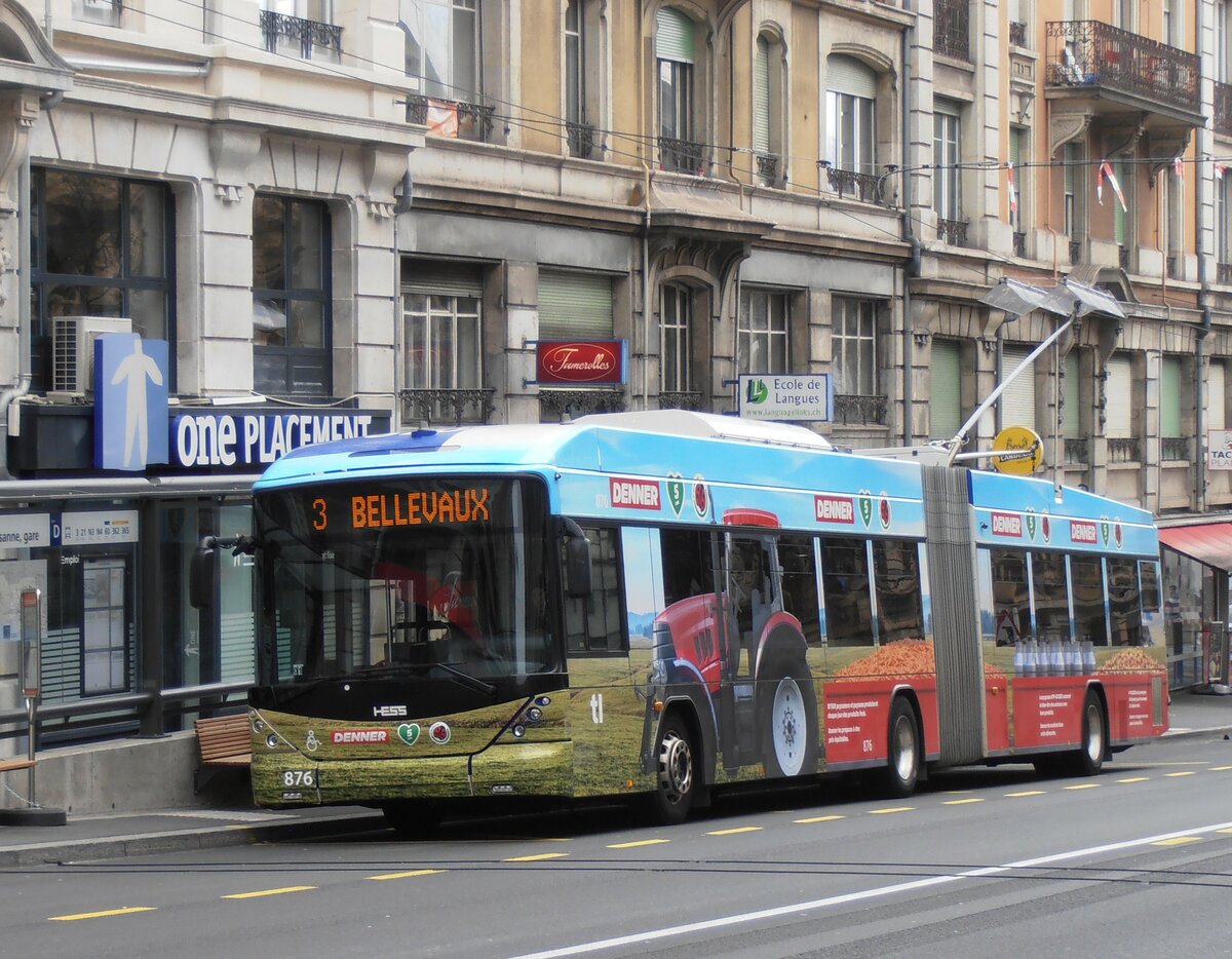 (233'950) - TL Lausanne - Nr. 876 - Hess/Hess Gelenktrolleybus am 13. Mrz 2022 beim Bahnhof Lausanne
