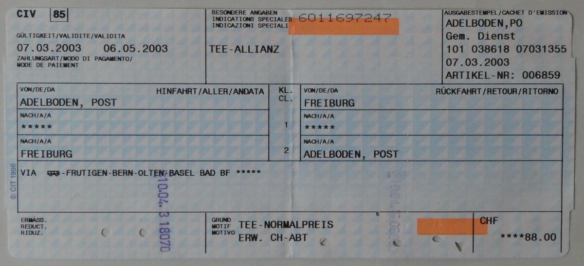 (235'727) - Einzelbillet von Adelboden, Post nach Freiburg im Breisgau und zurck am 16. Mai 2022 in Thun