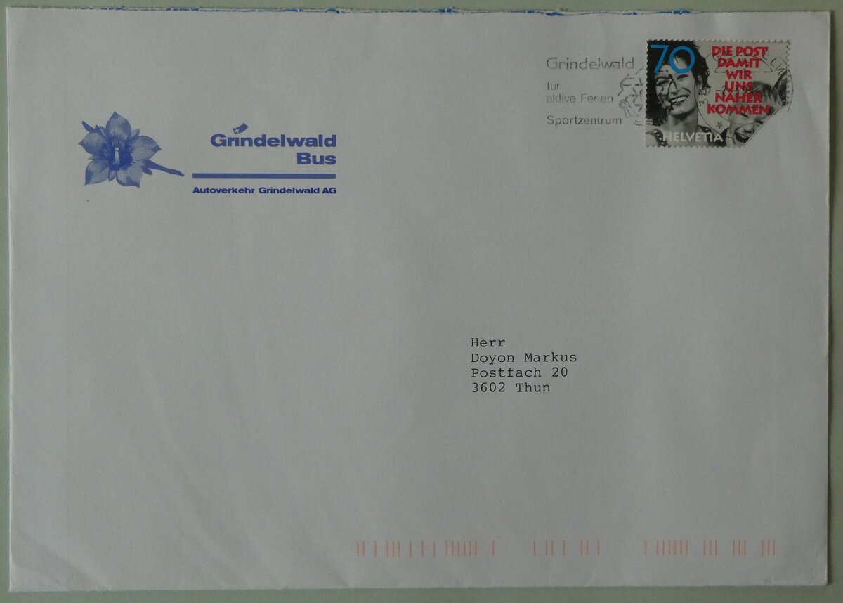 (236'547) - GrindelwaldBus-Briefumschlag vom 2. Mrz 1998 am 4. Juni 2022 in Thun