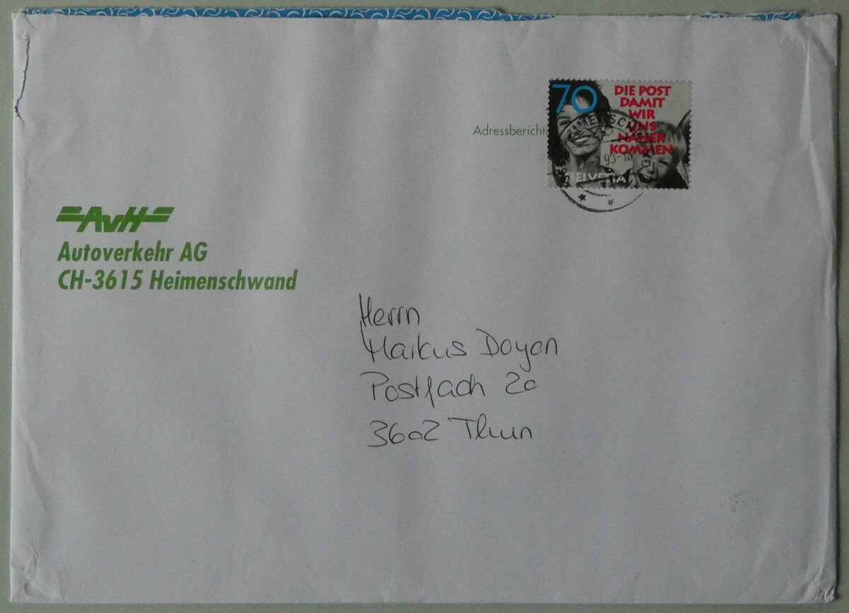 (236'841) - AvH-Briefumschlag von 27. Februar 1998 am 6. Juni 2022 in Thun