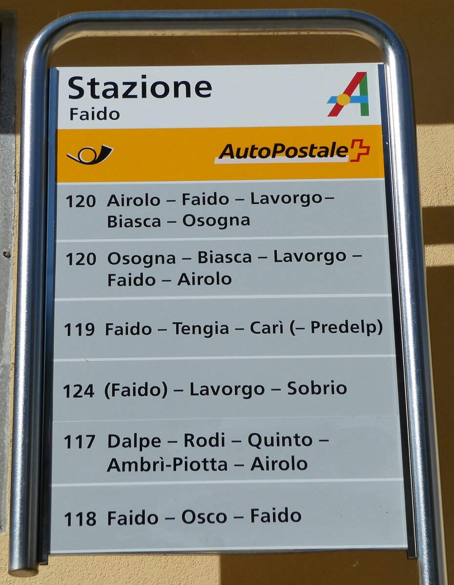 (237'030) - PostAuto-Haltestellenschild - Faido, Stazione - am 12. Juni 2022