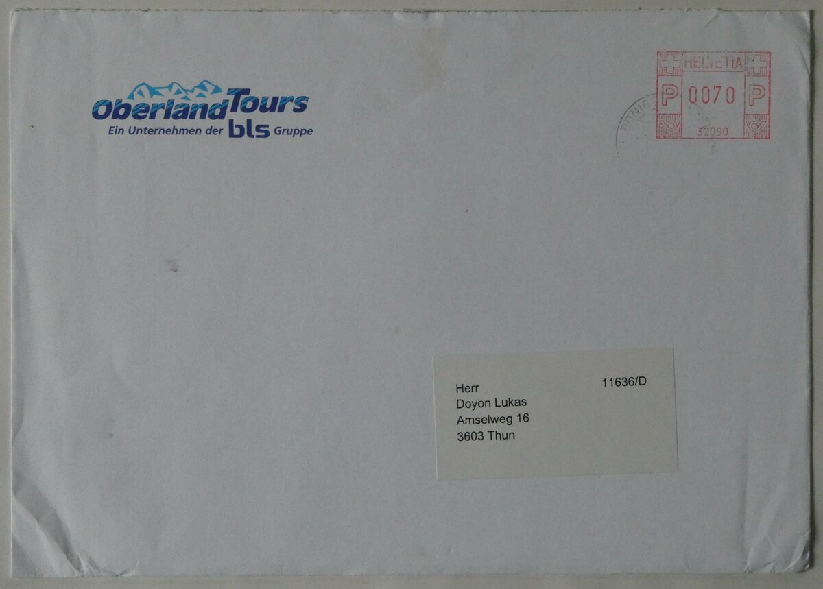 (237'186) - Oberland Tours-Briefumschlag am 13. Juni 2022 in Thun