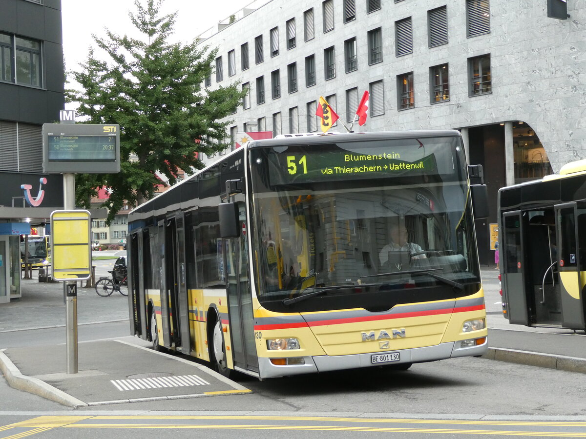 (238'564) - STI Thun - Nr. 130/BE 801'130 - MAN am 29. Juli 2022 beim Bahnhof Thun