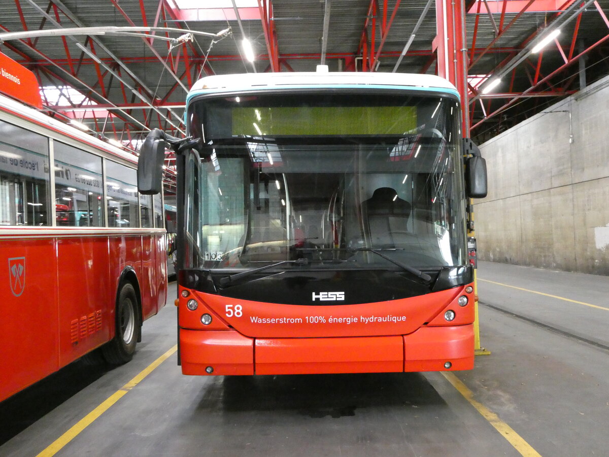 (240'834) - VB Biel - Nr. 58 - Hess/Hess Gelenktrolleybus am 9. Oktober 2022 in Biel, Depot
