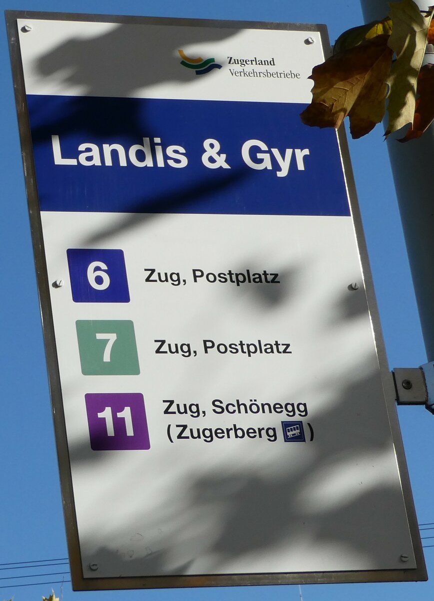 (242'059) - Zugerland Verkehrsbetriebe-Haltestellenschild - Zug, Landis & Gyr - am 31. Oktober 2022