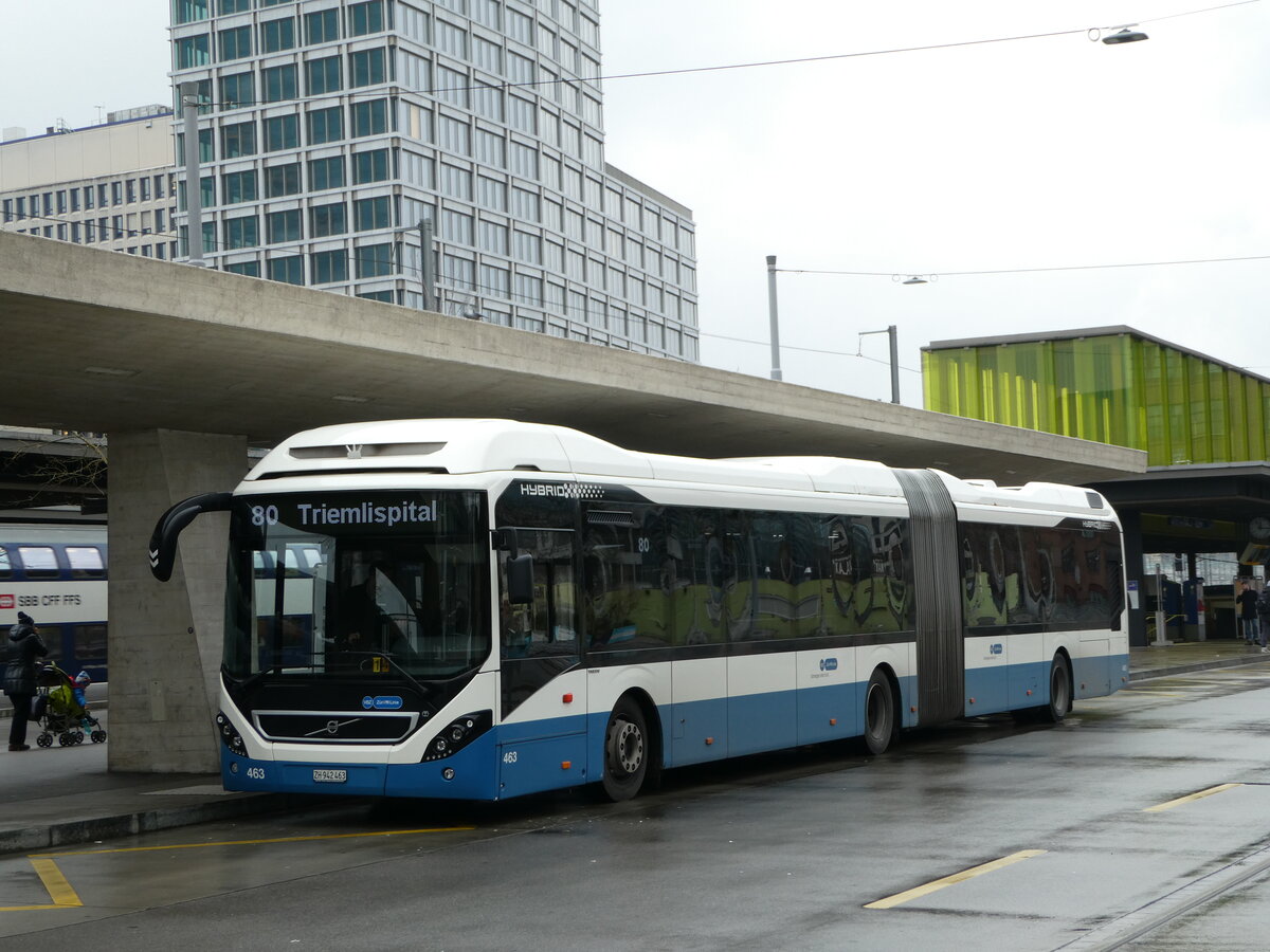 (243'504) - VBZ Zrich - Nr. 463/ZH 942'463 - Volvo am 7. Dezember 2022 beim Bahnhof Zrich Oerlikon