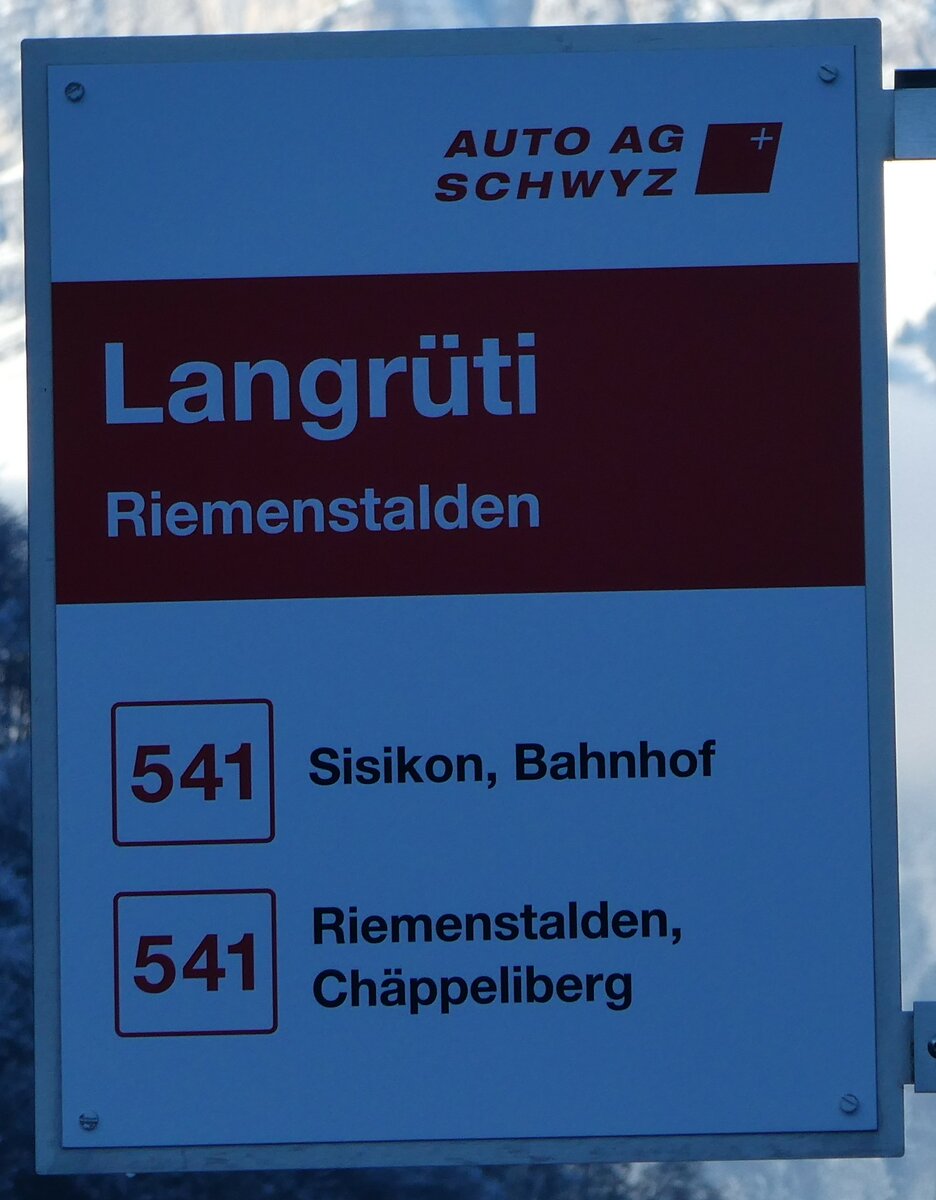 (243'627) - AUTO AG SCHWYZ-Haltestellenschild - Riemenstalden, Langrti - am 8. Dezember 2022