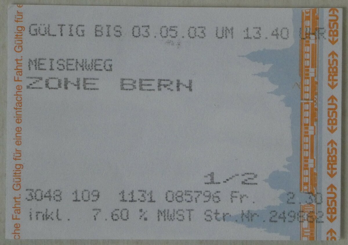 (244'044) - RBS/BSU-Einzelbillet am 19. Dezember 2022 in Thun