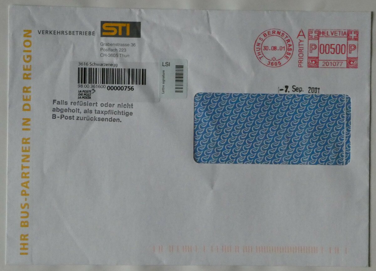 (244'376) - STI-Briefumschlag vom 30. August 2001 am 2. Januar 2023 in Thun