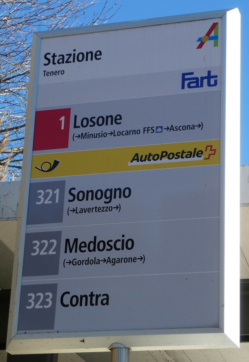 (244'901) - Fart/PostAuto-Haltestellenschild - Tenero, Stazione - am 10. Januar 2023