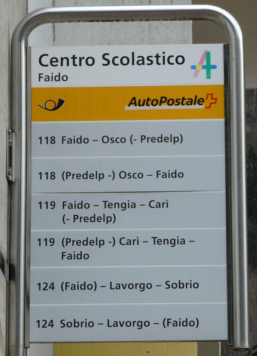 (245'792) - PostAuto-Haltestellenschild - Faido, Centro Scolastico - am 4. Februar 2023