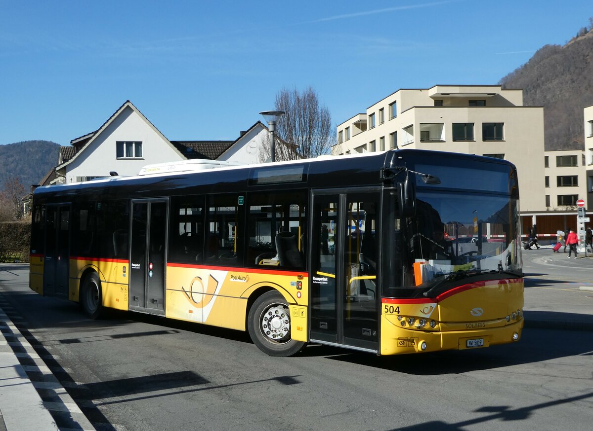 (246'179) - PostAuto Zentralschweiz - Nr. 504/NW 5019/PID 10'051 - Solaris (ex Nr. 54; ex Thepra, Stans Nr. 19) am 16. Februar 2023 beim Bahnhof Stans