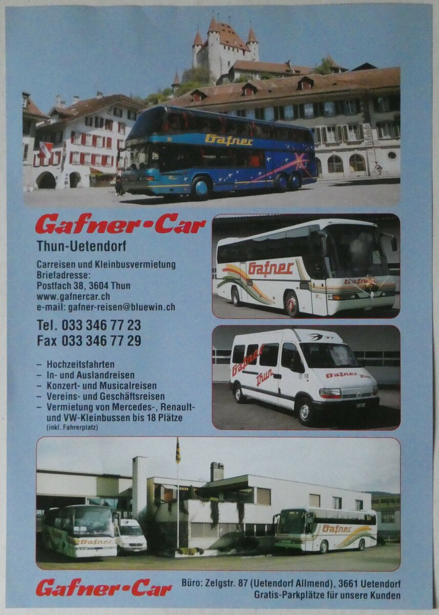 (246'354) - Gafner-Car-Reiseprospekt am 19. Februar 2023 in Thun (Vorderseite)
