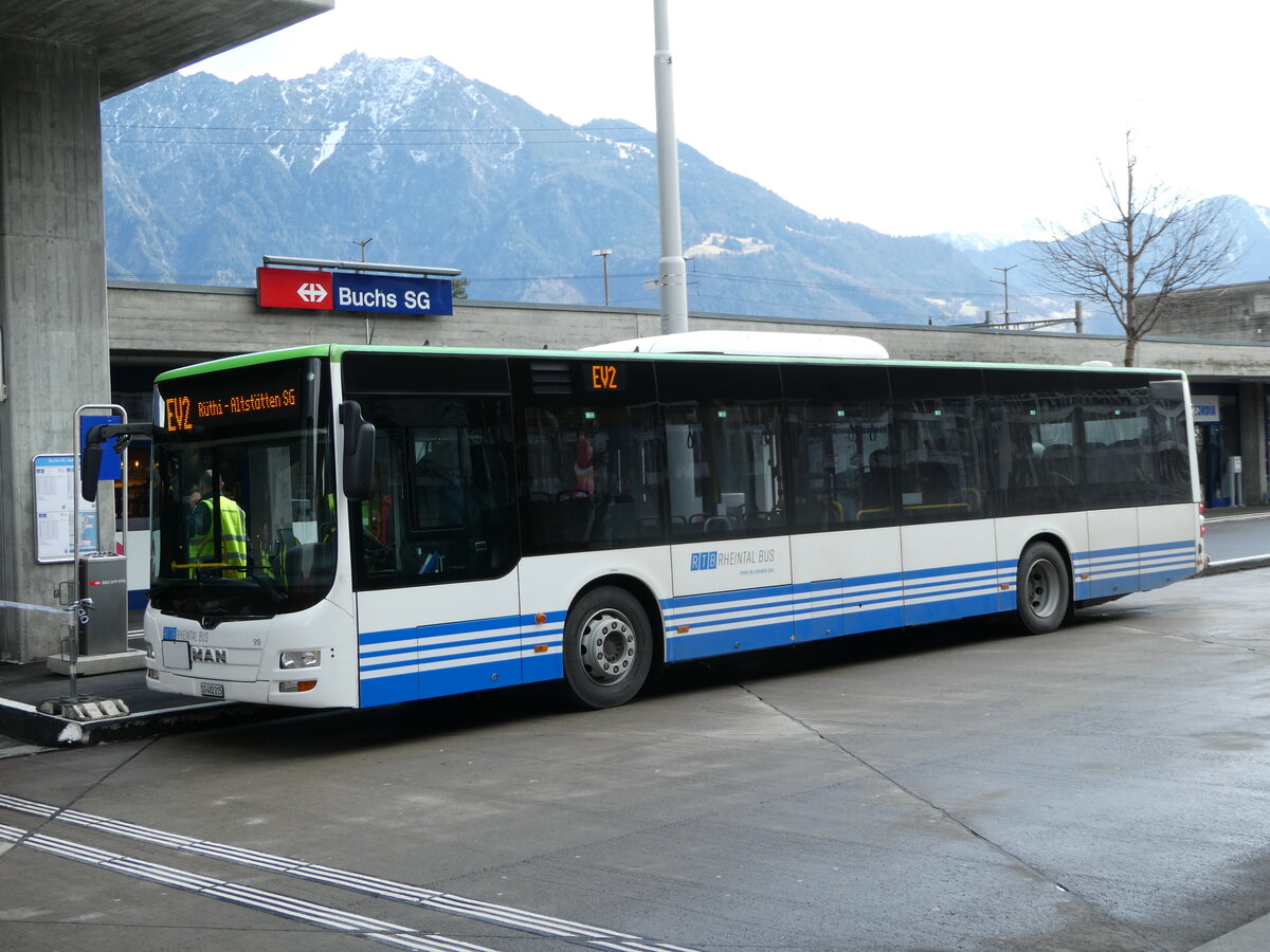 (246'983) - RTB Altstätten - Nr. 919/SG 482'215 - MAN (ex PostBus/A BD 15'352) am 9. März 2023 beim Bahnhof Buchs