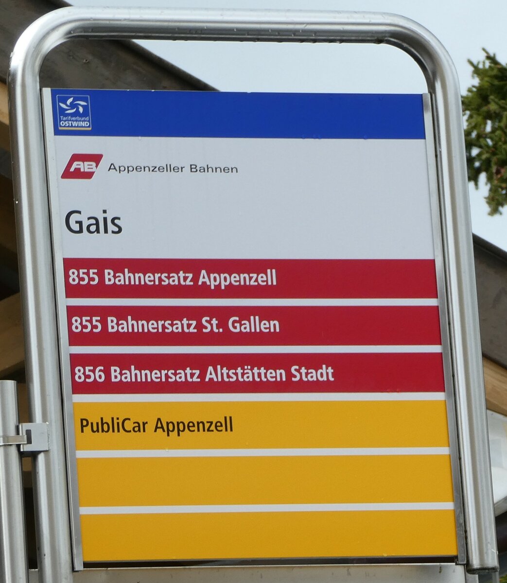 (249'109) - AB/PostAuto-Haltestellenschild - Gais, Bahnhof - am 25. April 2023