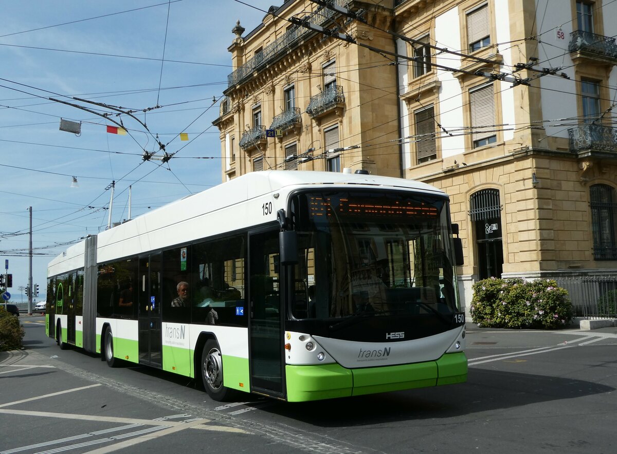 (249'597) - transN, La Chaux-de-Fonds - Nr. 150 - Hess/Hess Gelenktrolleybus (ex TN Neuchtel Nr. 150) am 5. Mai 2023 in Neuchtel, Place Pury