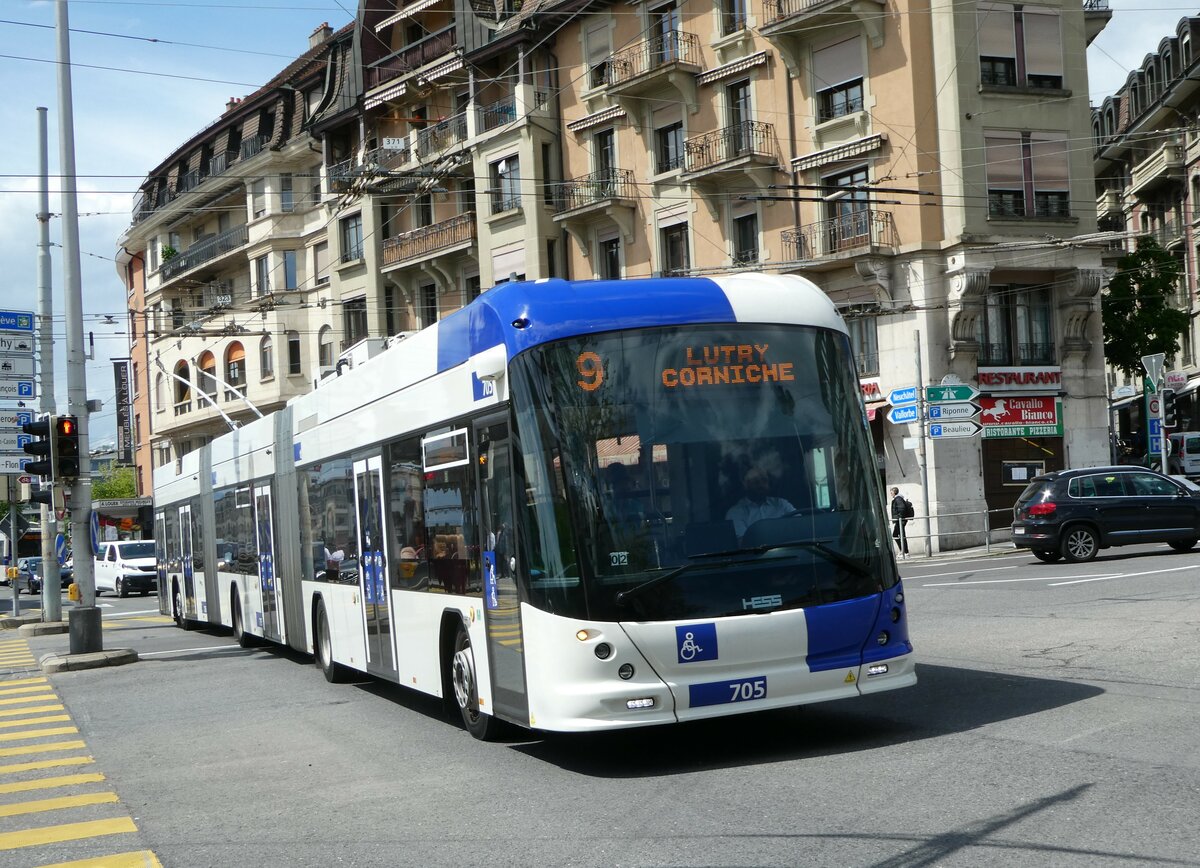 (249'675) - TL Lausanne - Nr. 705 - Hess/Hess Doppelgelenktrolleybus am 5. Mai 2023 in Lausanne, Chauderon