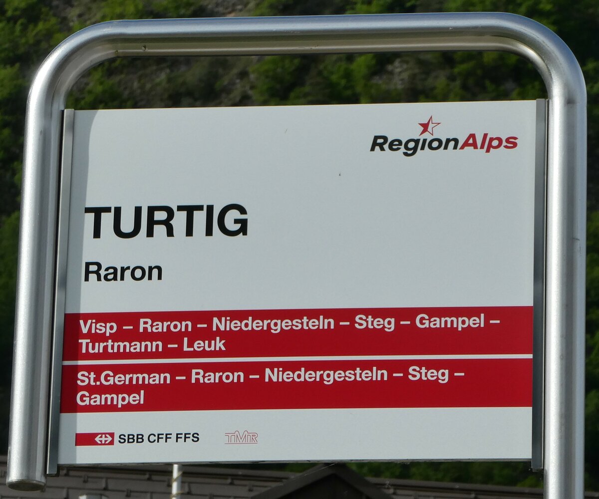 (249'935) - RegionAlps/SBB CFF FFS-Haltestellenschild - Raron Turtig - am 13. Mai 2023
