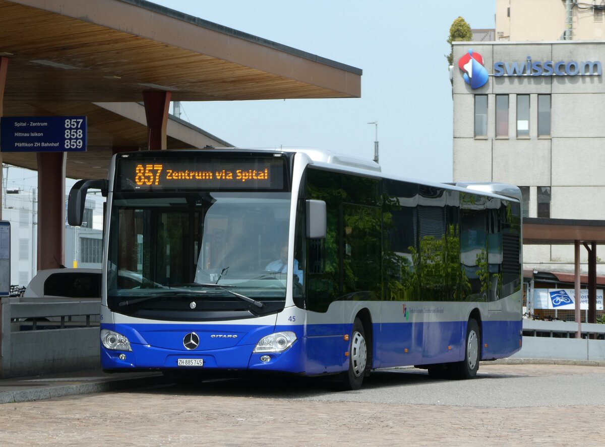 (250'332) - VZO Grningen - Nr. 45/ZH 885'745 - Mercedes am 21. Mai 2023 beim Bahnhof Wetzikon