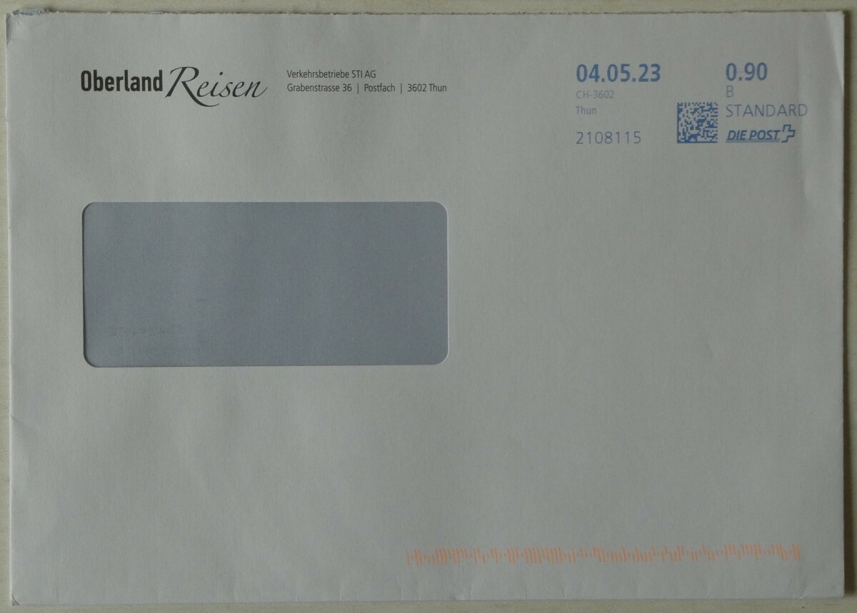 (250'673) - Oberland Reisen-Briefumschlag vom 4. Mai 2023 am 28. Mai 2023 in Thun