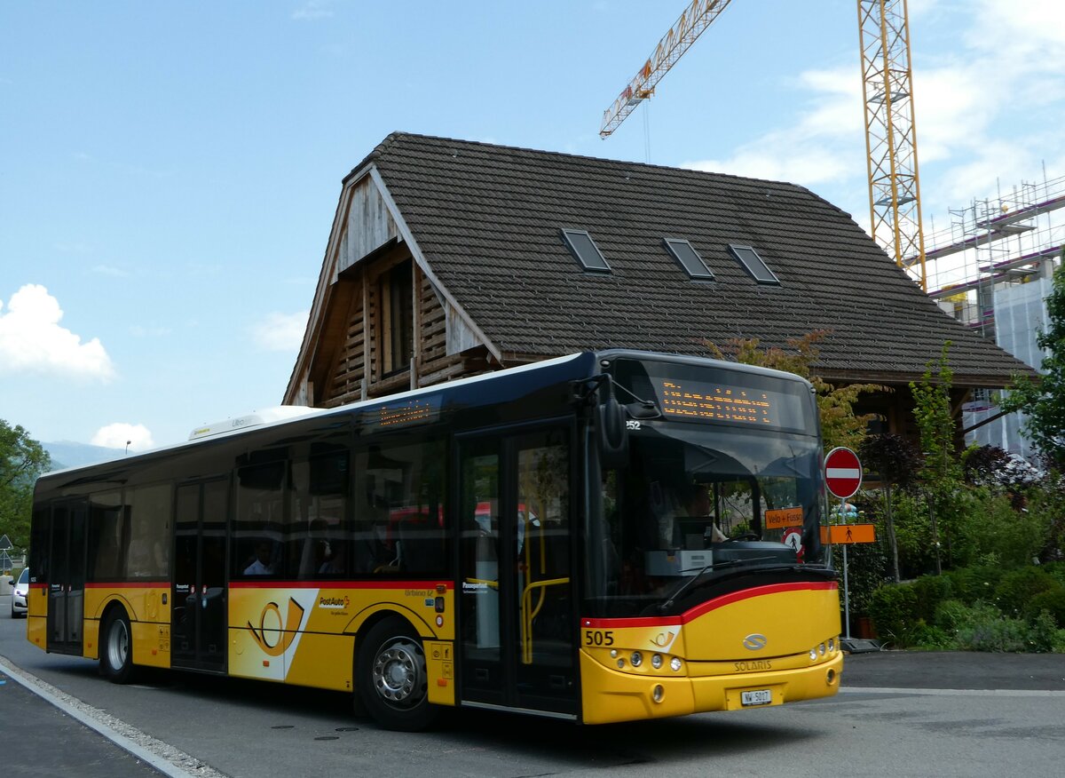 (250'884) - PostAuto Zentralschweiz - Nr. 505/NW 5017/PID 10'252 - Solaris (ex Nr. 55; ex Thepra, Stans Nr. 25) am 1. Juni 2023 beim Bahnhof Stans
