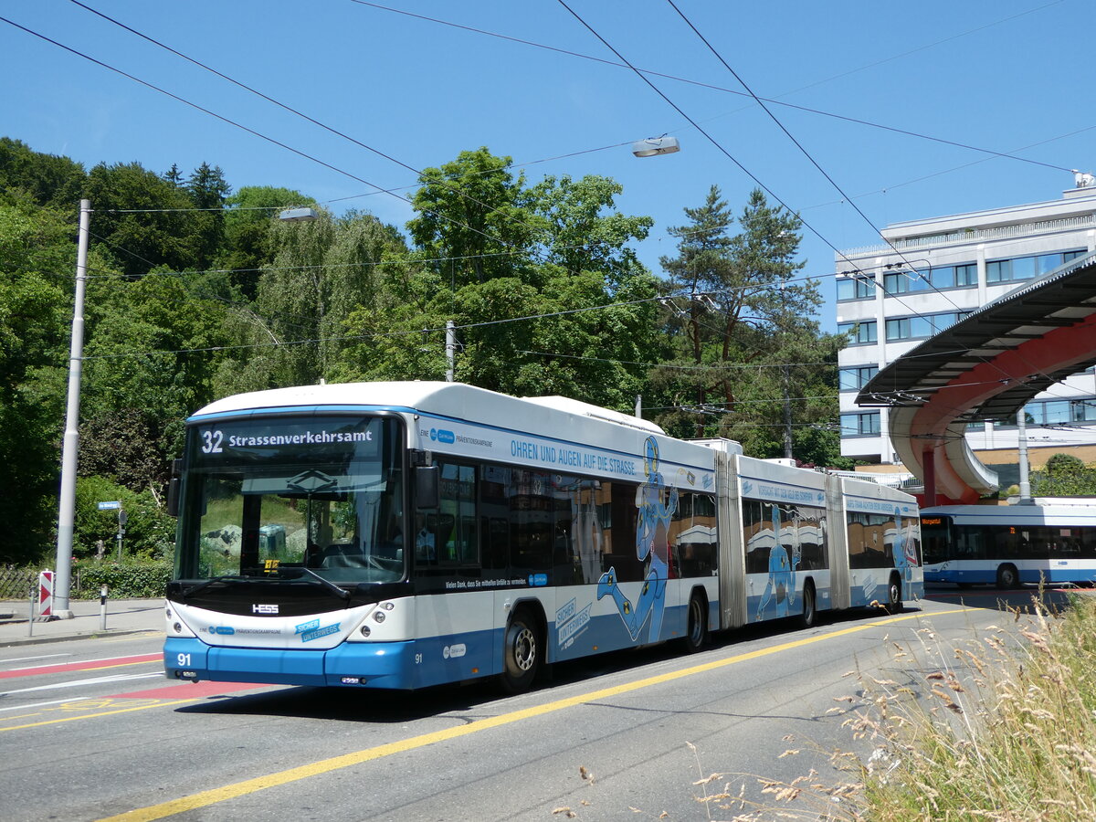 (251'465) - VBZ Zrich - Nr. 91 - Hess/Hess Doppelgelenktrolleybus am 13. Juni 2023 in Zrich, Bucheggplatz