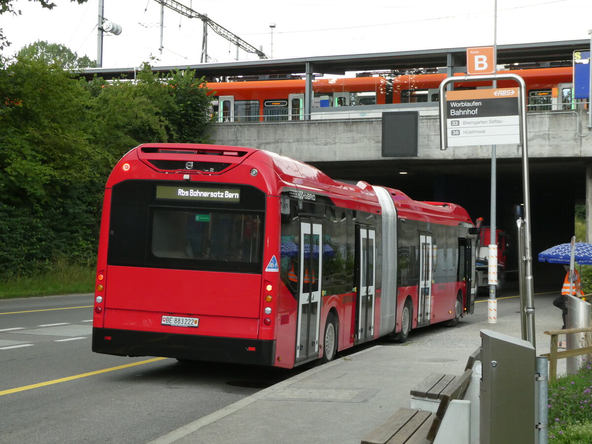 (252'770) - Bernmobil, Bern - Nr. 222/BE 883'222 - Volvo am 18. Juli 2023 beim Bahnhof Worblaufen