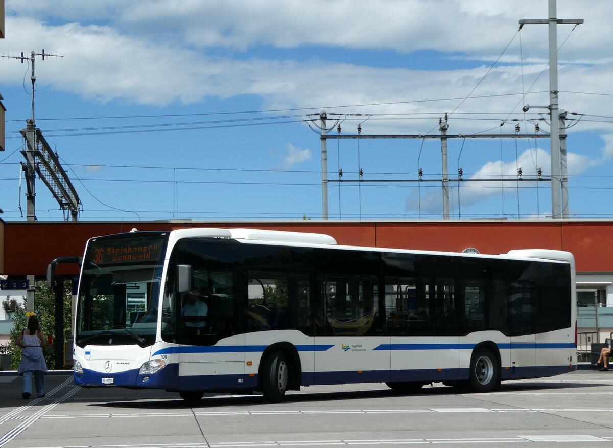 (253'354) - ZVB Zug - Nr. 100/ZG 88'100 - Mercedes (ex Auf der Maur, Steinen Nr. 248) am 3. August 2023 beim Bahnhof Baar