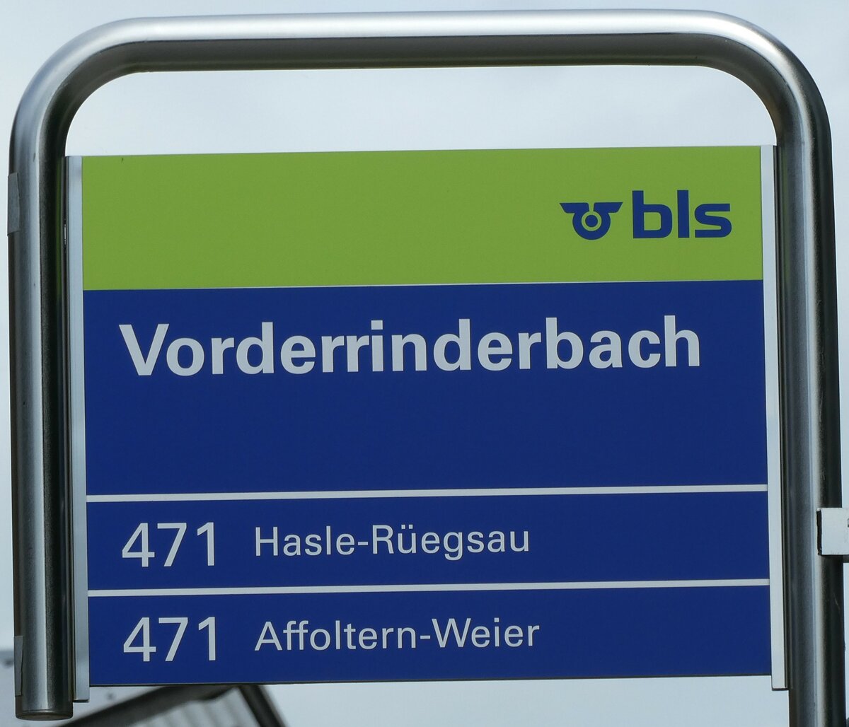 (253'551) - bls-Haltestellenschild - Rinderbach, Vorderrinderbach - am 9. August 2023