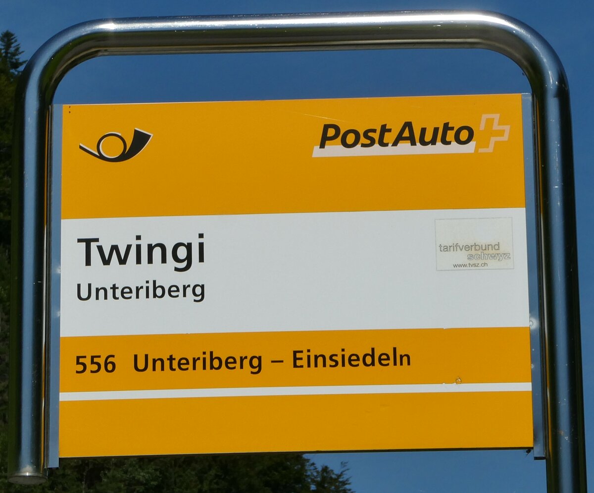 (253'923) - PostAuto-Haltestellenschild - Unteriberg, Twingi - am 19. August 2023