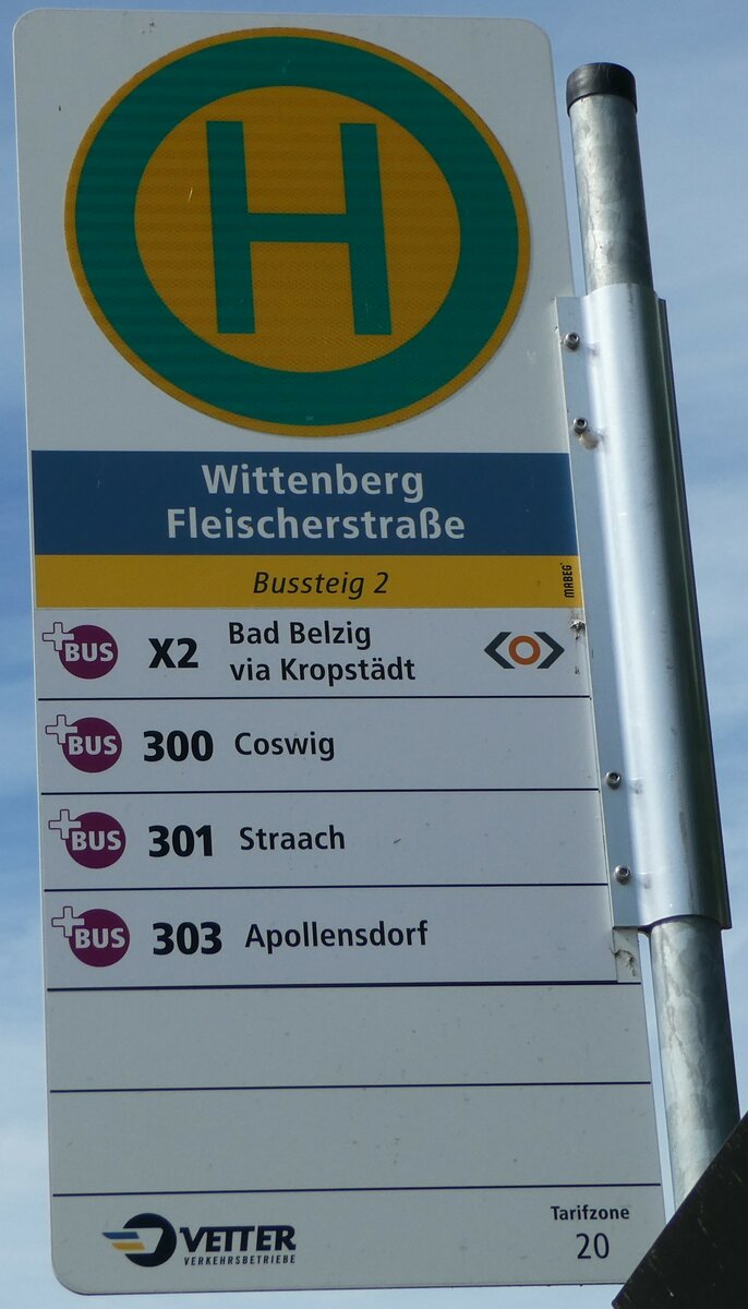 (254'735) - Vetter Verkehrsbetriebe-Haltestellenschild - Wittenberg, Fleischerstrasse - am 3. September 2023