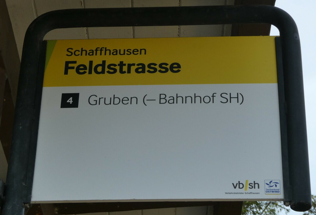 (255'335) - VB/SH-Haltestellenschild - Schaffhausen, Feldstrasse - am 17. September 2023