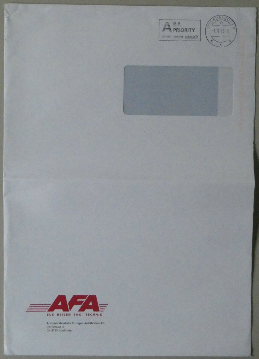 (256'643) - AFA-Briefumschlag vom 1. Dezember 2015 am 3. November 2023 in Thun