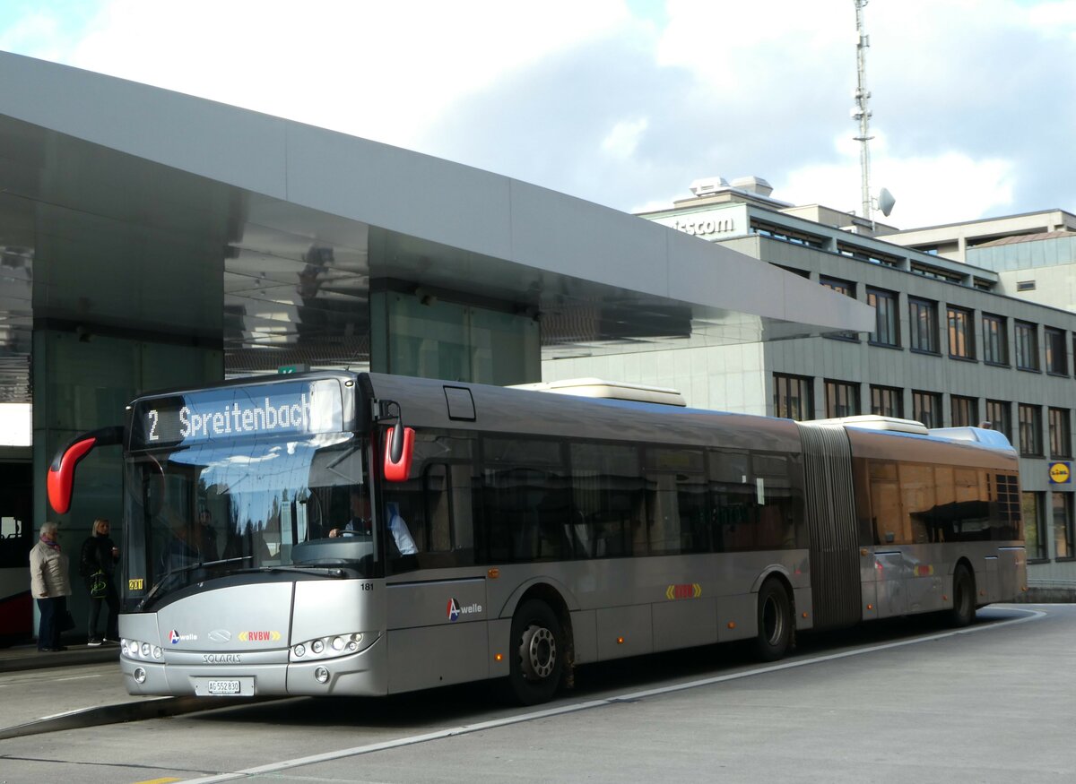 (256'781) - RVBW Wettingen - Nr. 181/AG 552'830 - Solaris (ex AAGR Rothenburg Nr. 1) am 6. November 2023 beim Bahnhof Baden