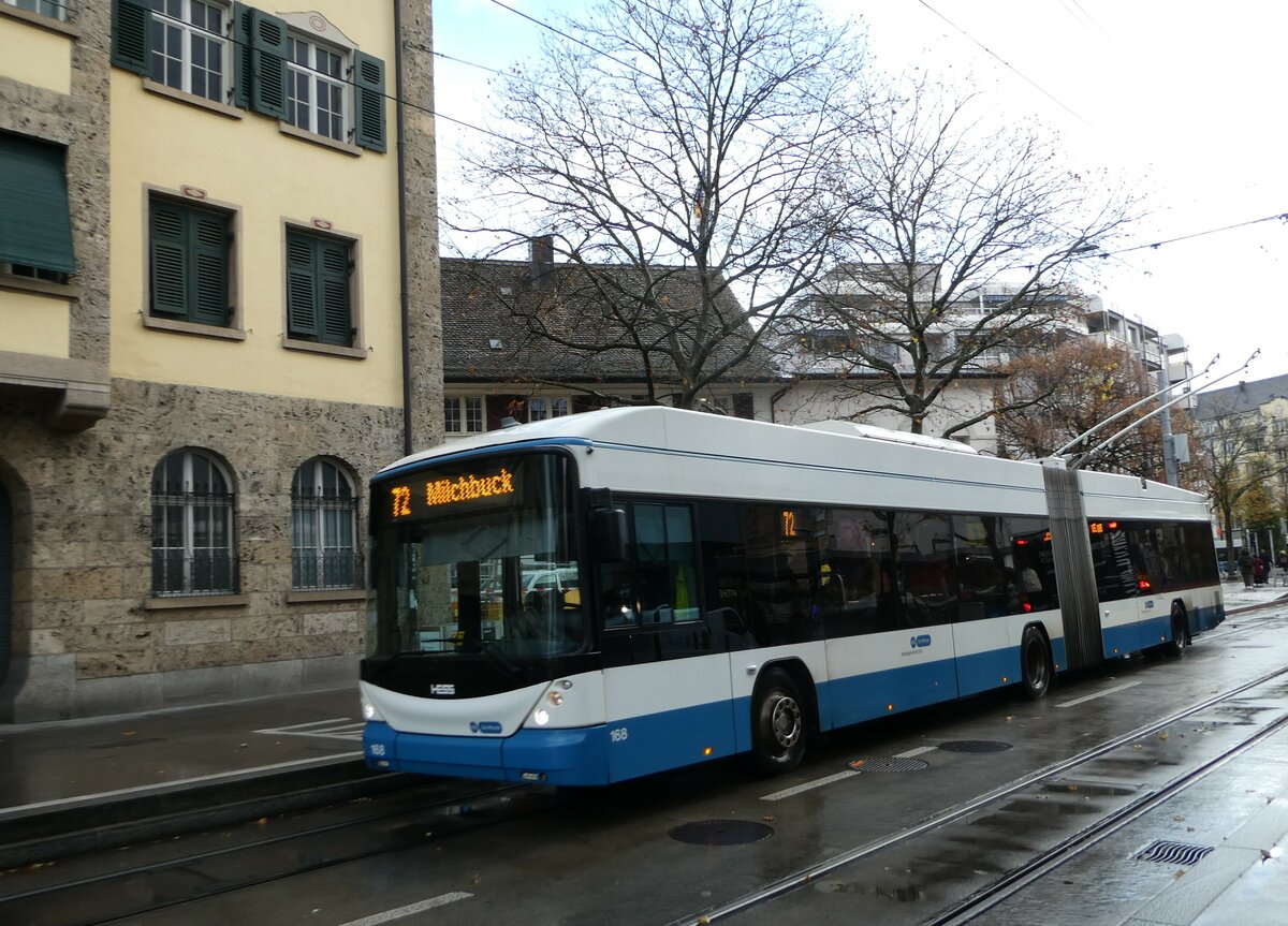 (257'220) - VBZ Zrich - Nr. 168 - Hess/Hess Gelenktrolleybus am 24. November 2023 in Zrich, Schmiede Wiedikon
