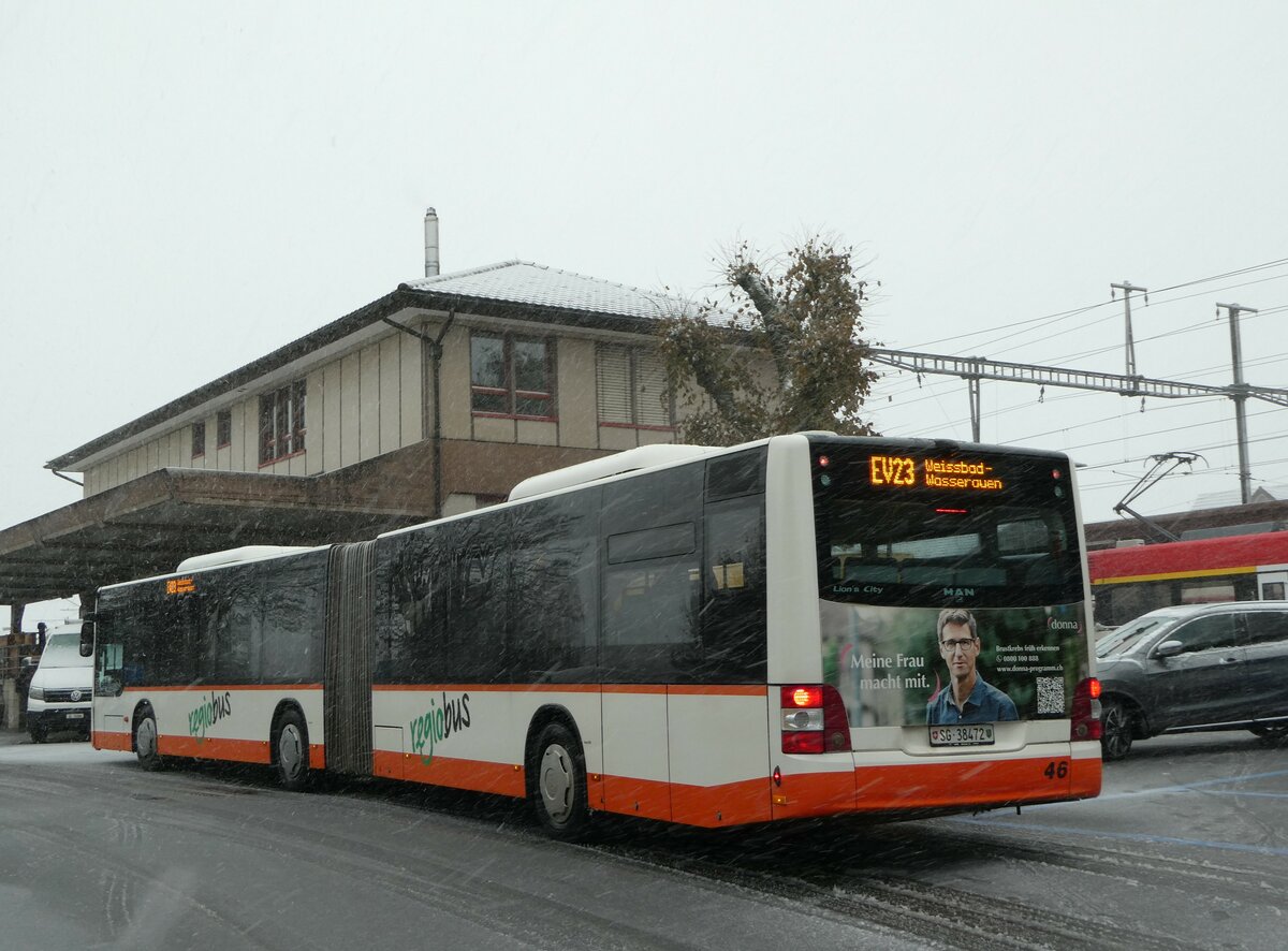 (257'299) - Regiobus, Gossau - Nr. 46/SG 38'472 - MAN am 28. November 2023 beim Bahnhof Appenzell