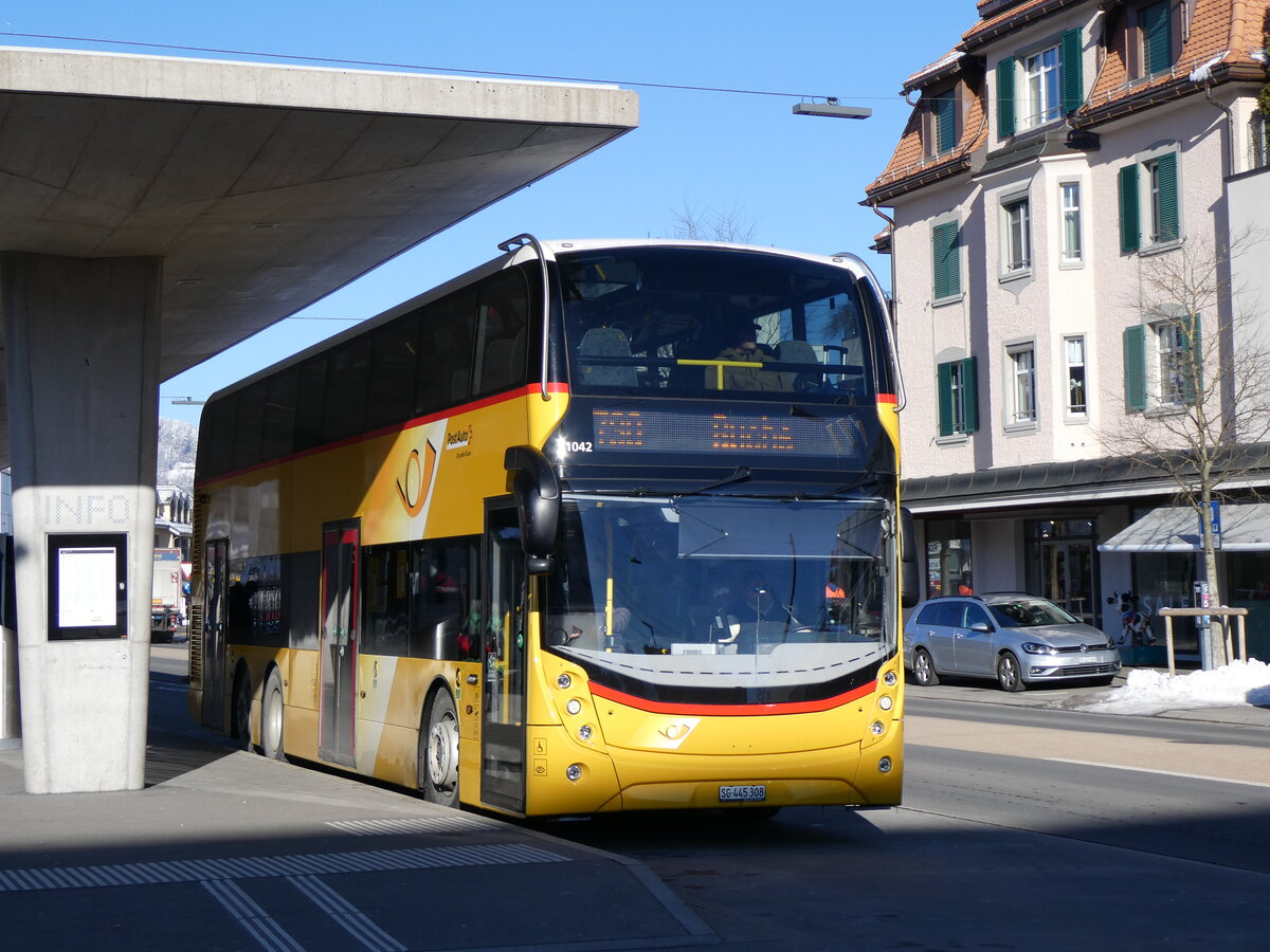 (258'687) - PostAuto Ostschweiz - SG 445'308/PID 11'042 - Alexander Dennis (ex SG 443'908) am 13. Januar 2024 beim Bahnhof Wattwil