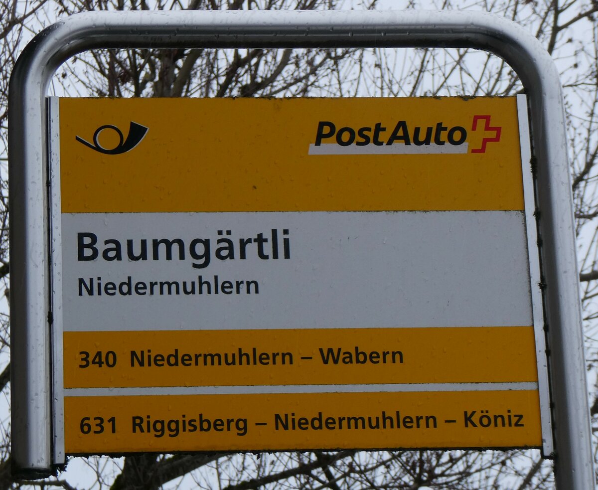 (258'848) - PostAuto-Haltestellenschild - Niedermuhlern, Baumgrtli - am 22. Januar 2024