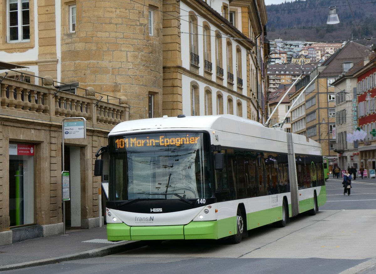 (258'937) - transN, La Chaux-de-Fonds - Nr. 140 - Hess/Hess Gelenktrolleybus am 26. Januar 2024 in Neuchtel, Place Pury