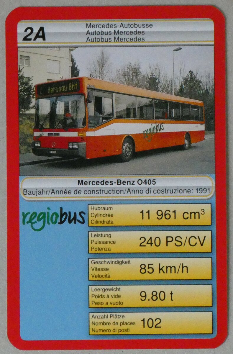 (259'136) - Quartett-Spielkarte mit VBH Mercedes-Benz O 405 Nr. 5 am 4. Februar 2024 in Thun