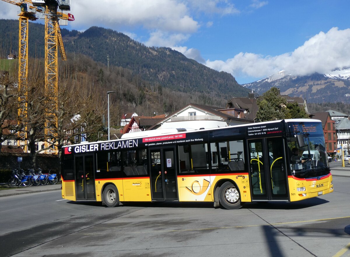 (259'281) - PostAuto Zentralschweiz - Nr. 501/OW 10'001/PID 10'265 - MAN (ex Nr. 9; ex Dillier, Sarnen Nr. 9) am 13. Februar 2024 beim Bahnhof Sarnen