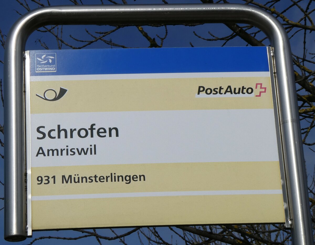 (259'328) - PostAuto-Haltestellenschild - Amriswil, Schrofen - am 15. Februar 2024